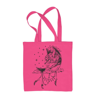 Cat Dreamcatcher Native American Tattoo Hipster Large Print Tote Shoulder Shopping Bag Hot Pink