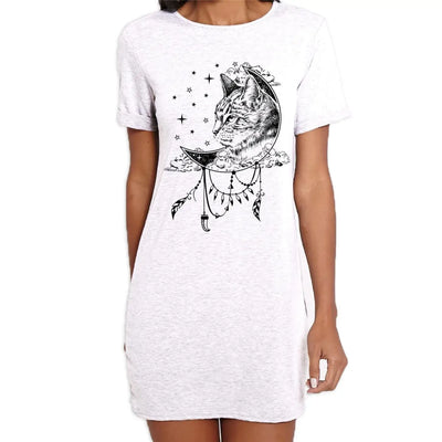 Cat Dreamcatcher Native American Tattoo Hipster Large Print Women's T-Shirt Dress Small