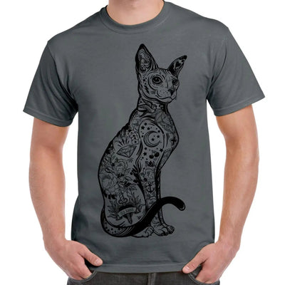 Cat With Tattoos Hipster Large Print Men's T-Shirt Large / Charcoal Grey