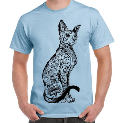 Cat With Tattoos Hipster Large Print Men's T-Shirt Large / Light Blue