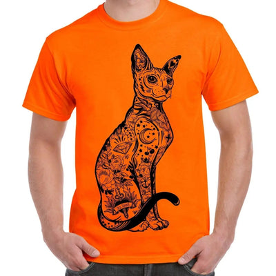 Cat With Tattoos Hipster Large Print Men's T-Shirt Large / Orange