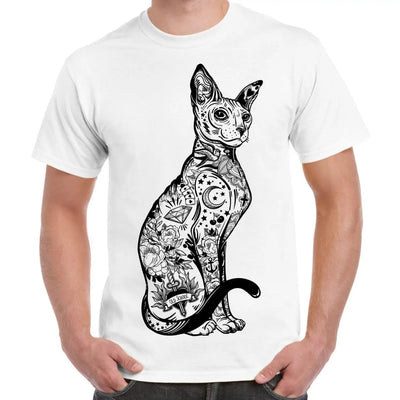 Cat With Tattoos Hipster Large Print Men's T-Shirt Large / White