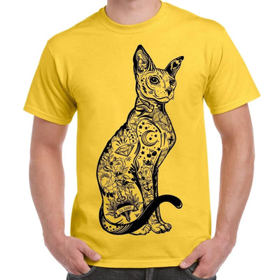 Cat With Tattoos Hipster Large Print Men's T-Shirt Large / Yellow