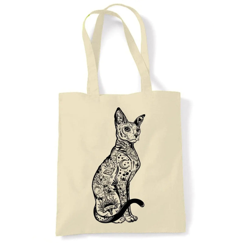 Cat With Tattoos Hipster Large Print Tote Shoulder Shopping Bag Cream
