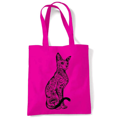Cat With Tattoos Hipster Large Print Tote Shoulder Shopping Bag Hot Pink