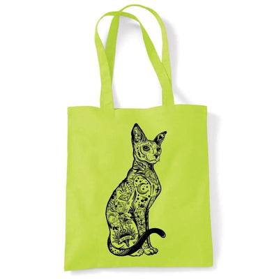 Cat With Tattoos Hipster Large Print Tote Shoulder Shopping Bag Lime Green