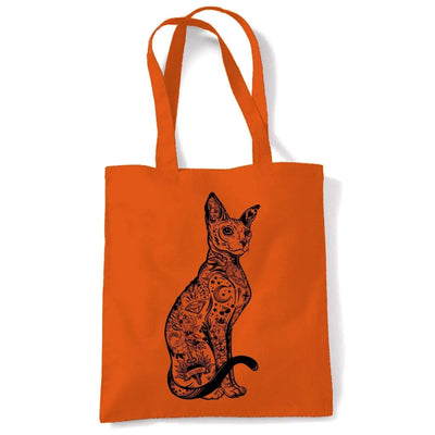 Cat With Tattoos Hipster Large Print Tote Shoulder Shopping Bag Orange