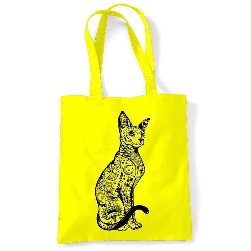 Cat With Tattoos Hipster Large Print Tote Shoulder Shopping Bag Yellow