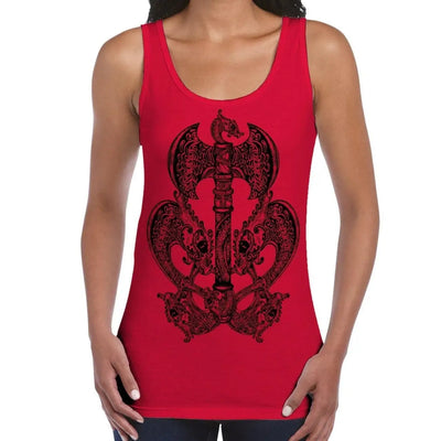 Celtic Axe with Dragons  Design Tattoo Hipster Large Print Women's Vest Tank Top XXL / Red