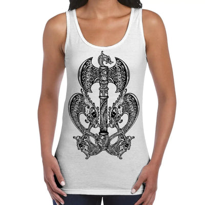 Celtic Axe with Dragons  Design Tattoo Hipster Large Print Women's Vest Tank Top XXL / White