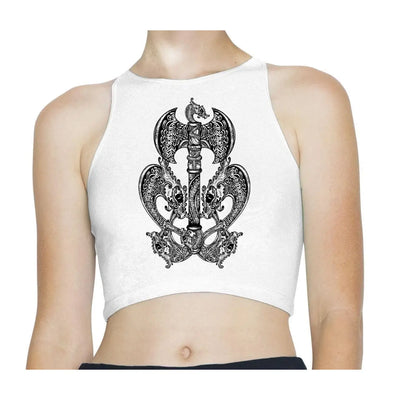 Celtic Axe with Dragons  Design Tattoo Hipster Sleeveless High Neck Crop Top S