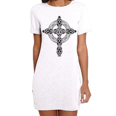 Celtic Cross Tattoo Style Hipster Large Print Women's T-Shirt Dress XL