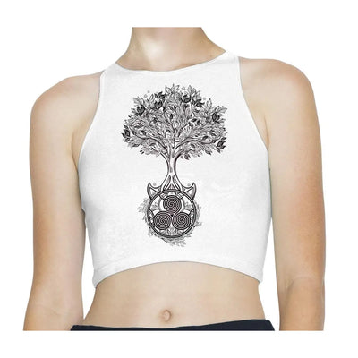 Celtic Spiral Tree of Life Sleeveless High Neck Crop Top L / White