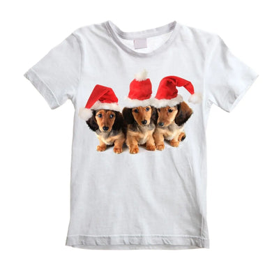 Christmas Dachshund Puppies with Santa Hats Childrens Kids T-Shirt 3-4