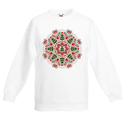 Christmas Tree Mandala Childrens Kids Sweatshirt Jumper 5-6 / White