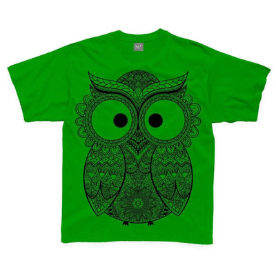 Cross Eyed Owl Large Print Kids Children's T-Shirt 5-6 / Kelly Green