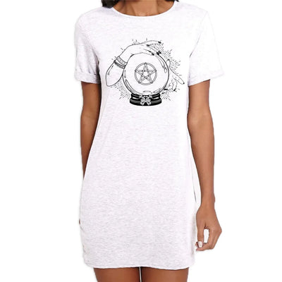 Crystal Ball Witch Pentagram Design Tattoo Hipster Large Print Women's T-Shirt Dress Medium