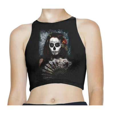 Day of the Dead Fan Girl Sleeveless High Neck Crop Top M / Black