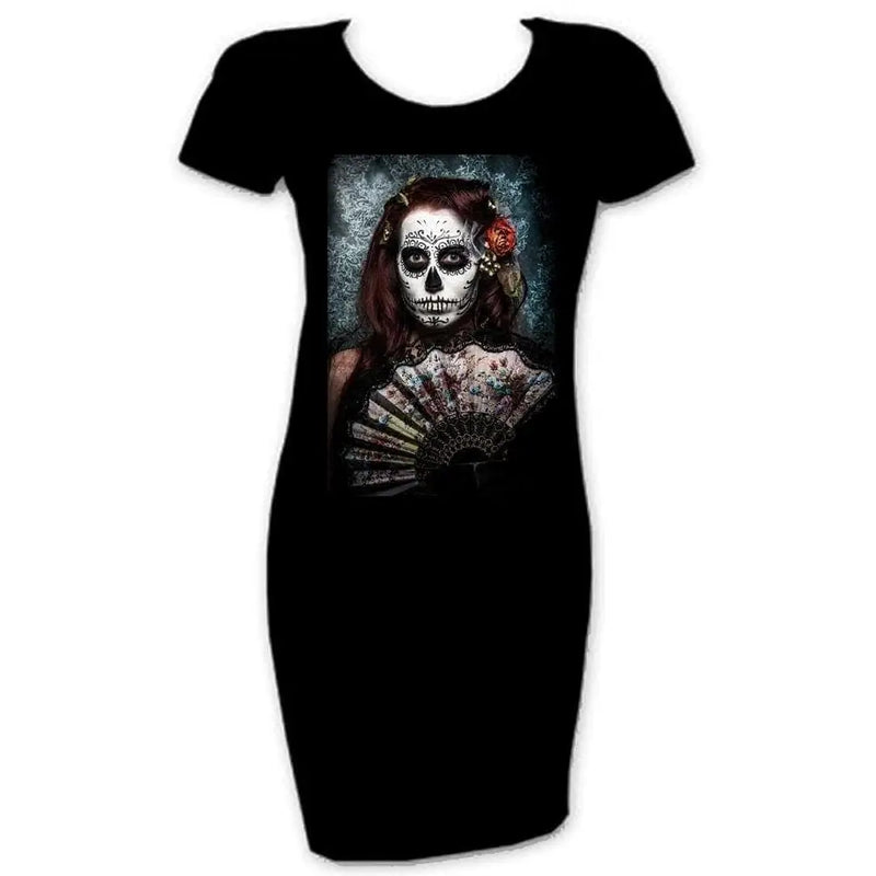 Day Of The Dead Girl With Fan T-Shirt Dress