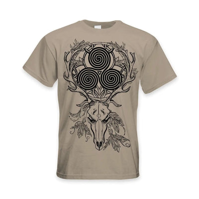 Deer Stag Skull With Celtic Spiral Large Print Men's T-Shirt L / Khaki