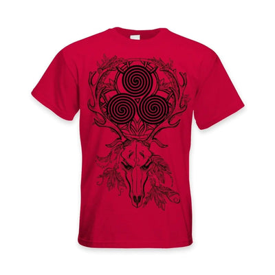 Deer Stag Skull With Celtic Spiral Large Print Men's T-Shirt L / Red