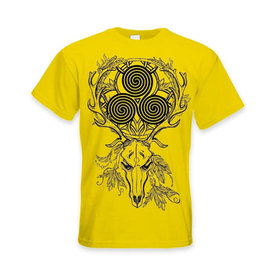 Deer Stag Skull With Celtic Spiral Large Print Men's T-Shirt L / Yellow