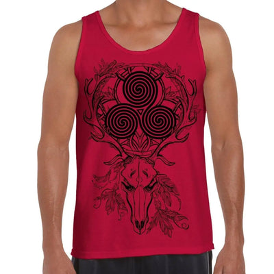Deer Stag Skull With Celtic Spiral Large Print Men's Vest Tank Top XL / Red