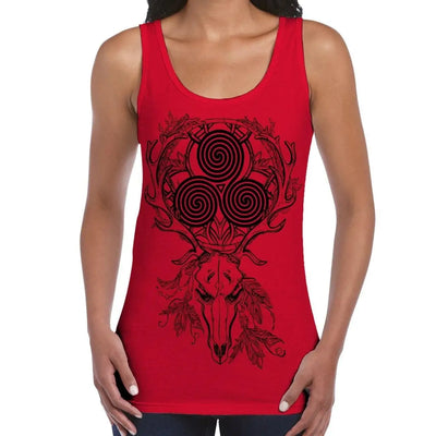 Deer Stag Skull With Celtic Spiral Large Print Women's Vest Tank Top L / Red