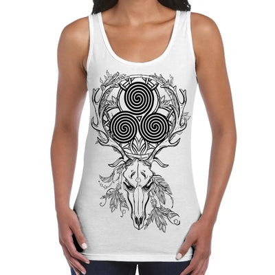 Deer Stag Skull With Celtic Spiral Large Print Women's Vest Tank Top L / White
