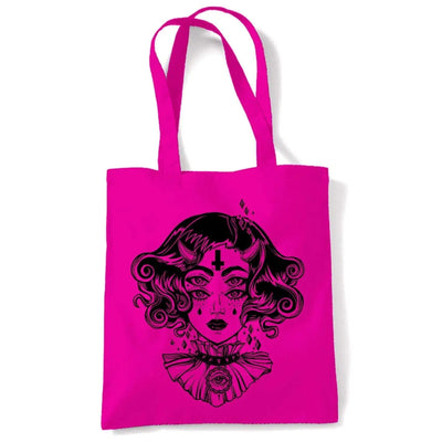 Devil Girl Satanic Cross Tattoo Large Print Tote Shoulder Shopping Bag Hot Pink