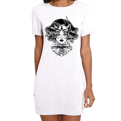 Devil Girl Satanic Cross Tattoo Large Print Women's T-Shirt Dress Small