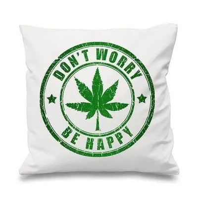 Don't Worry Be Happy Cannabis Cushion White