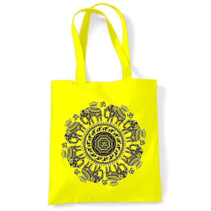 Elephant with Om Symbol Mandala Design Tattoo Hipster Large Print Tote Shoulder Shopping Bag Yellow