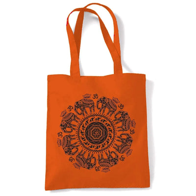Elephant with Om Symbol Mandala Design Tattoo Hipster Large Print Tote Shoulder Shopping Bag Orange