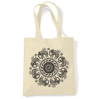 Elephant with Om Symbol Mandala Design Tattoo Hipster Large Print Tote Shoulder Shopping Bag Cream