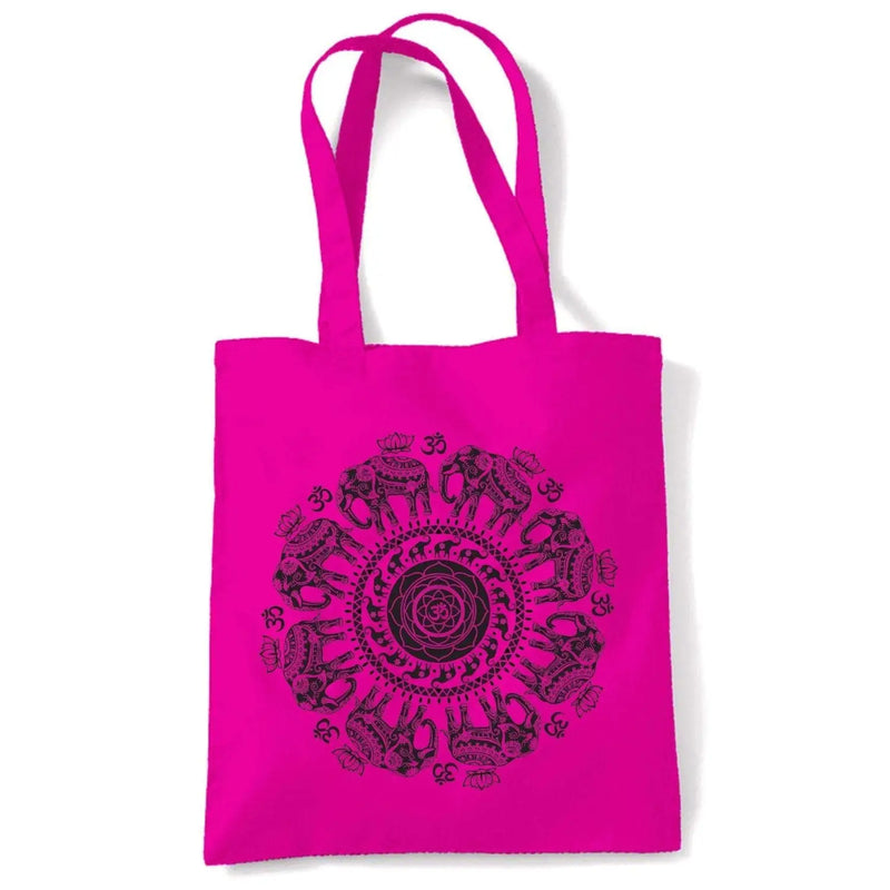 Elephant with Om Symbol Mandala Design Tattoo Hipster Large Print Tote Shoulder Shopping Bag Hot Pink