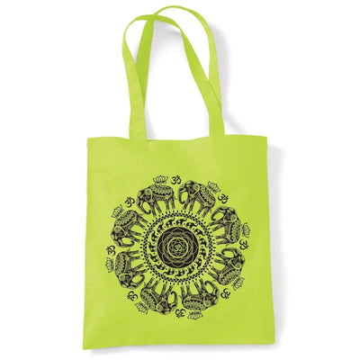 Elephant with Om Symbol Mandala Design Tattoo Hipster Large Print Tote Shoulder Shopping Bag Lime Green