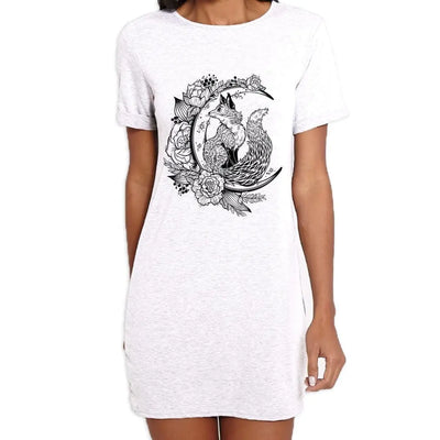 Fox With Crescent Moon Hipster Tattoo Large Print Women's T-Shirt Dress XL