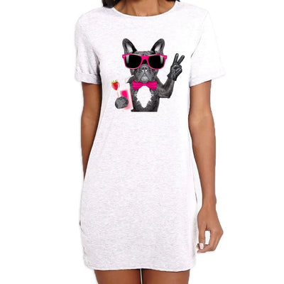 French Bulldog With Cocktail Smoothie Women's Short Sleeve T-Shirt Dress M