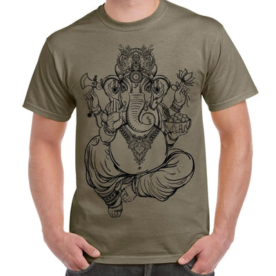 Ganesha Indian Hindu Elephant God Hipster Large Print Men's T-Shirt XL / Khaki