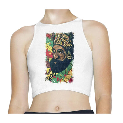 Haile Selassie Rasta Wall Art Reggae Sleeveless High Neck Crop Top S / White