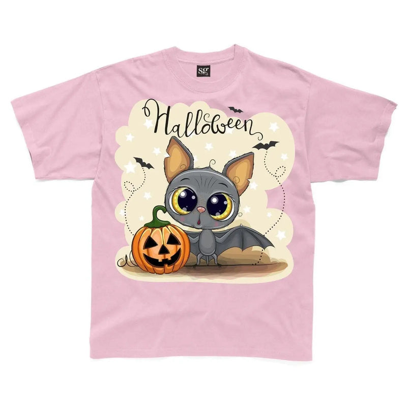 Halloween Bat Cartoon Childrens Unisex Kids T-Shirt 9-10 / Light Pink