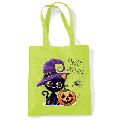 Halloween Cat Cartoon Cute Tote Shoulder Shopping Bag Lime Green