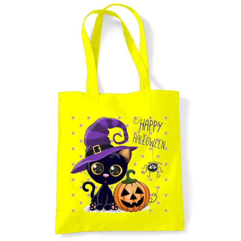 Halloween Cat Cartoon Cute Tote Shoulder Shopping Bag Yellow
