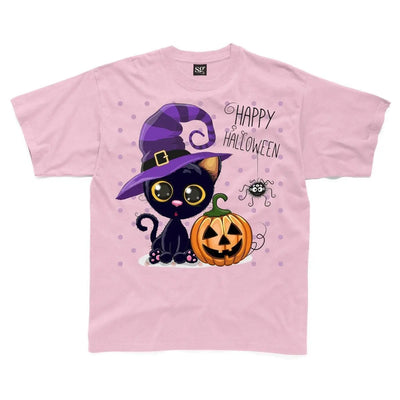 Happy Halloween Cat Cartoon Childrens Unisex Kids T-Shirt 7-8 / Light Pink