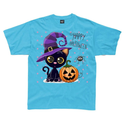 Happy Halloween Cat Cartoon Childrens Unisex Kids T-Shirt 7-8 / Sapphire Blue