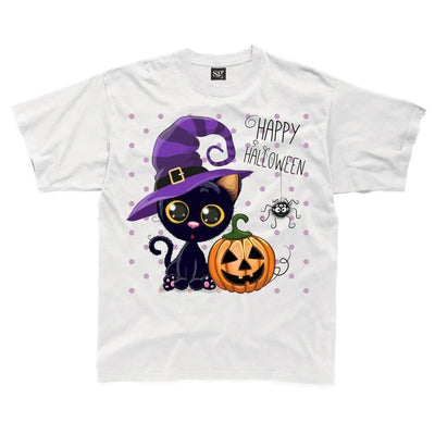 Happy Halloween Cat Cartoon Childrens Unisex Kids T-Shirt 7-8 / White