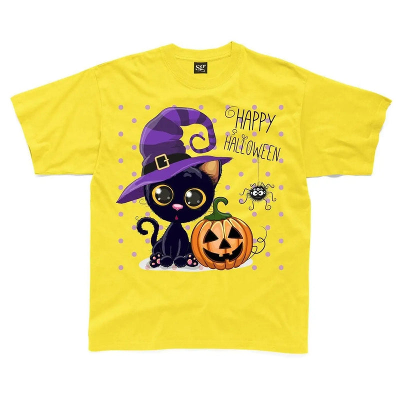 Happy Halloween Cat Cartoon Childrens Unisex Kids T-Shirt 7-8 / Yellow