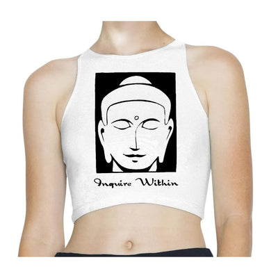 Inquire Within Buddhist Meditation Sleeveless High Neck Crop Top L / White