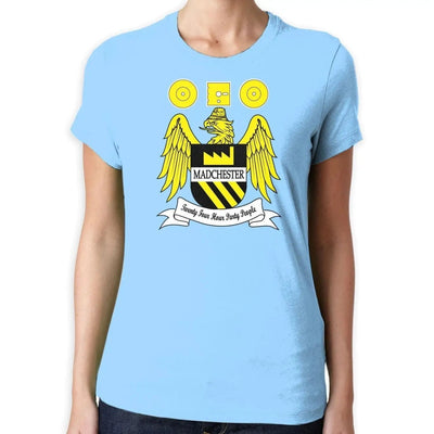 Madchester 24 Hour Party People Coat of Arms Women's T-Shirt XXL / Light Blue